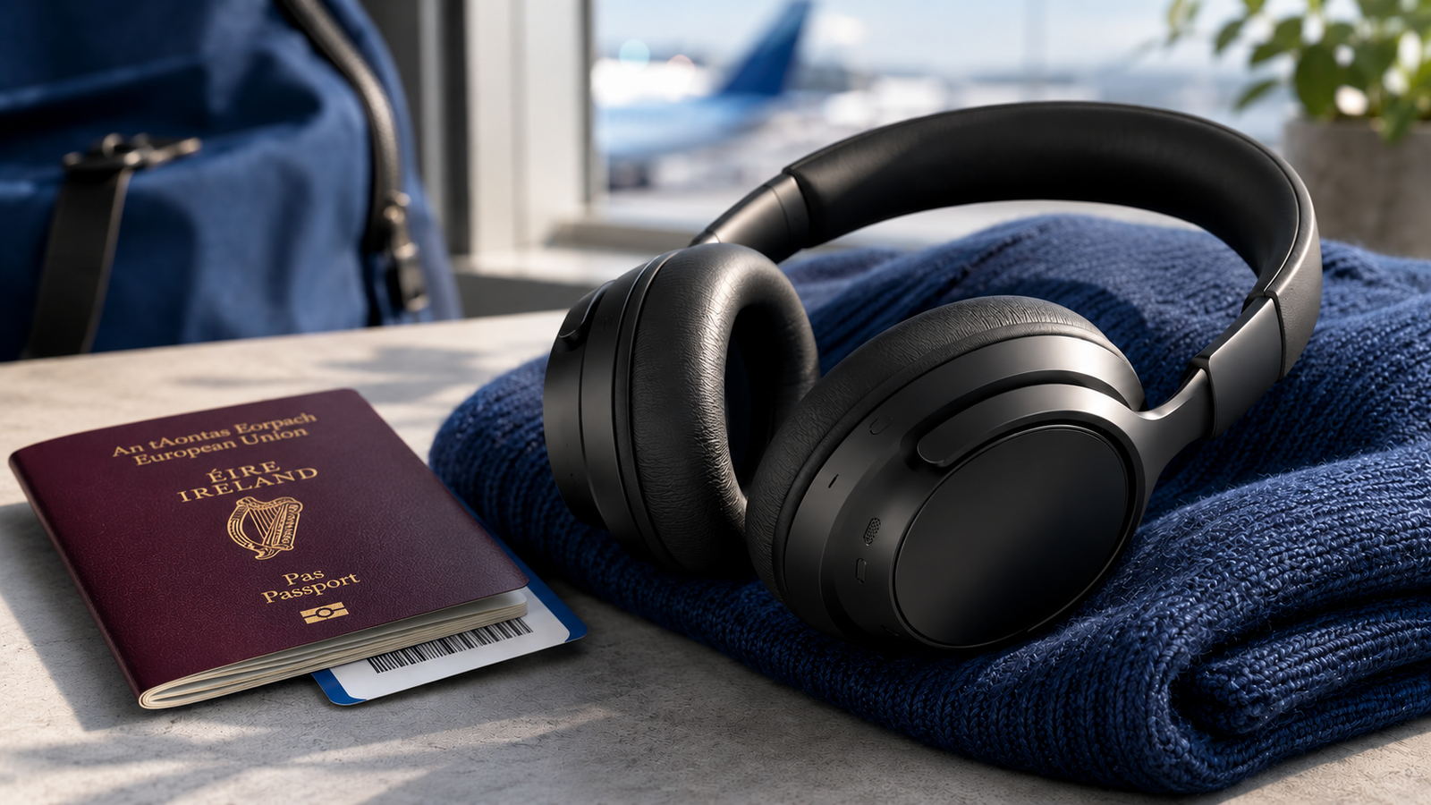 Premium black over-ear noise-cancelling headphones resting on a folded jumper beside an Irish passport and boarding pass, ideal for comfortable travel.