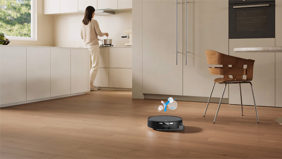 Ecovacs DEEBOT T90 PRO OMNI Robot Vacuum and Mop - Black - cleaning a kitchen floor
