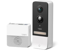 Tapo D230S1 smart video doorbell camera kit, with included indoor chime unit, studio shot showing both kit components