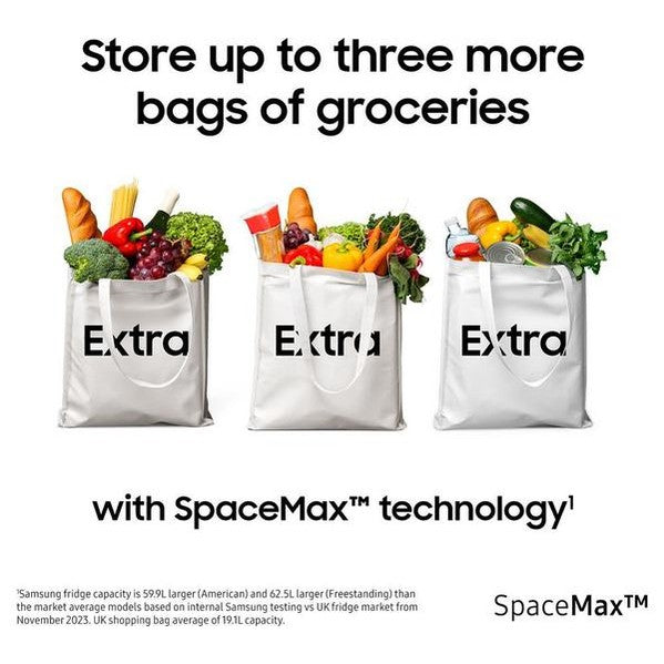 Samsung Family Hub RF65DG9H0EB1EU fridge freezer SpaceMax graphic showing three grocery bags