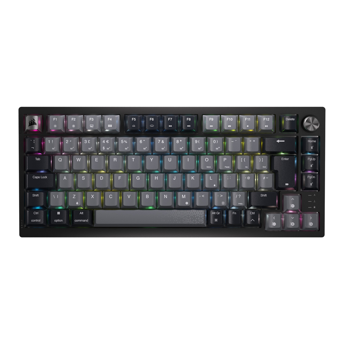 Corsair K65 Plus Wireless 75% RGB Mechanical Gaming Keyboard, UK Layout - Midnight Grey - front view, UK layout