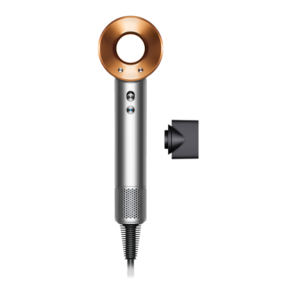 Dyson Supersonic Origin Hair Dryer - Nickel/Copper - front view with Smoothing nozzle
