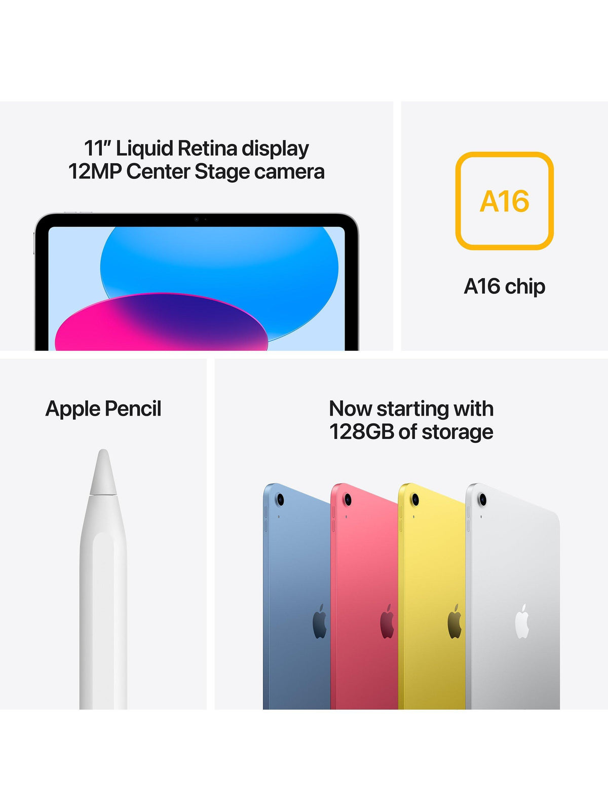 Apple iPad 11" (A16) 128GB Wi-Fi Tablet - Silver - feature overview: 11-inch Liquid Retina display, 12MP Centre Stage camera, A16 chip, Apple Pencil, colour line-up