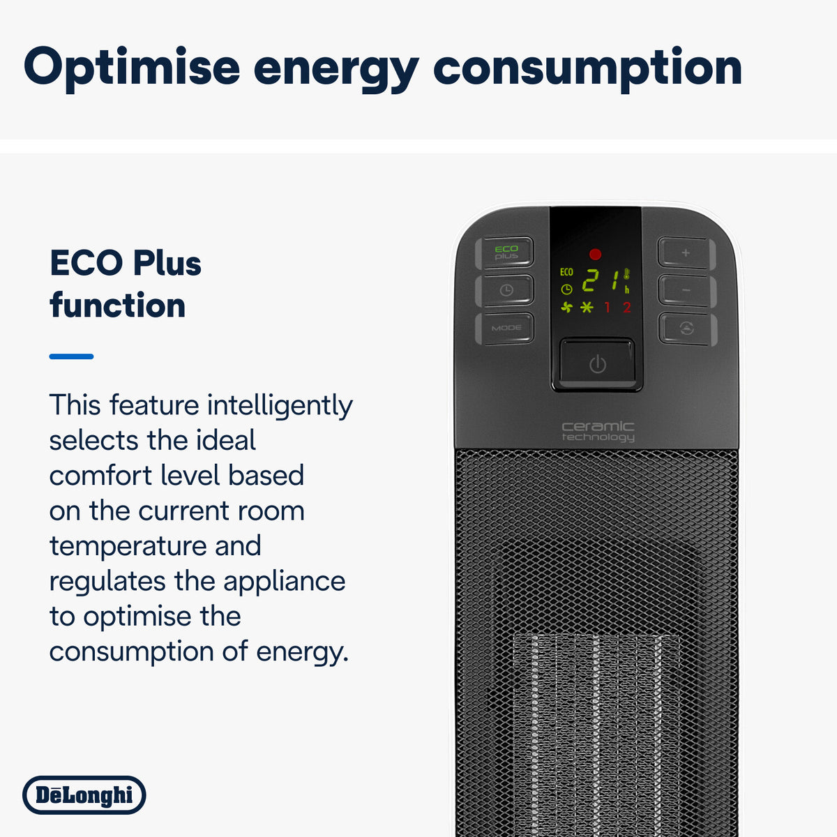 De'Longhi Tower Ceramic Fan Heater 2kW - ECO Plus function