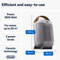 De'Longhi Capsule 1800W Fan Heater - White - 1800W, two power levels and dimensions