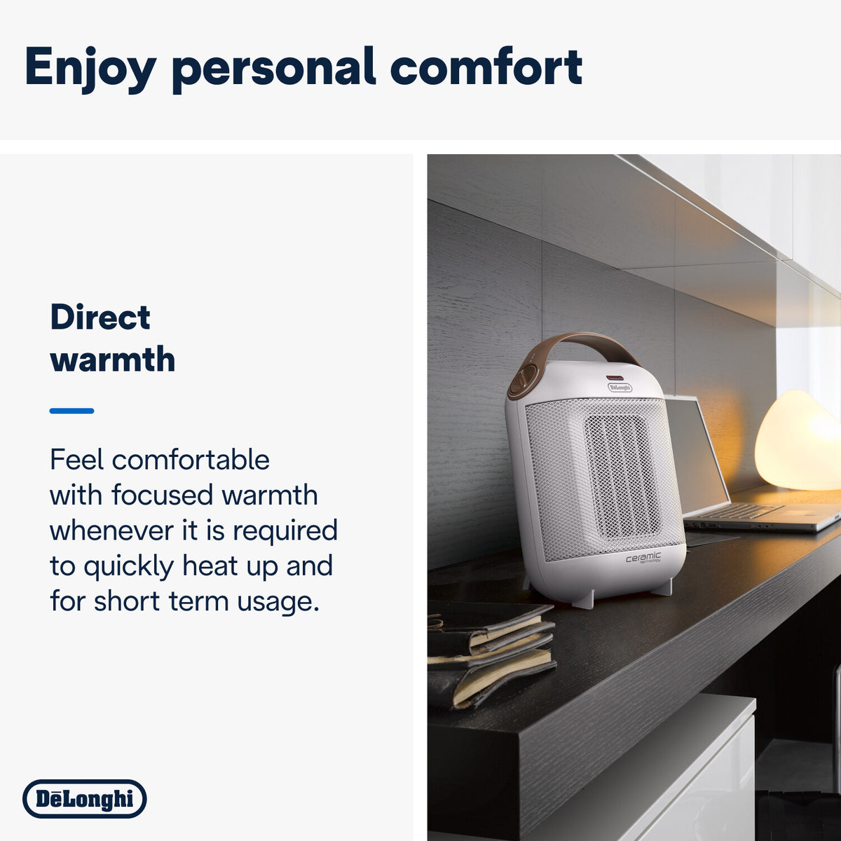 De'Longhi Capsule 1800W Fan Heater - White - direct warmth at a desk