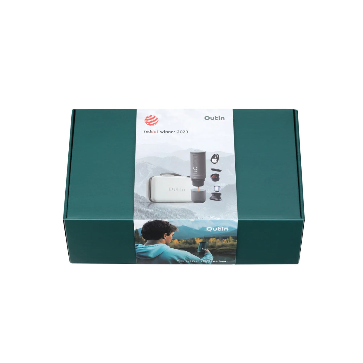Outin Nano Forest Green portable espresso machine beside its Nano Protective Case with capsule storage
