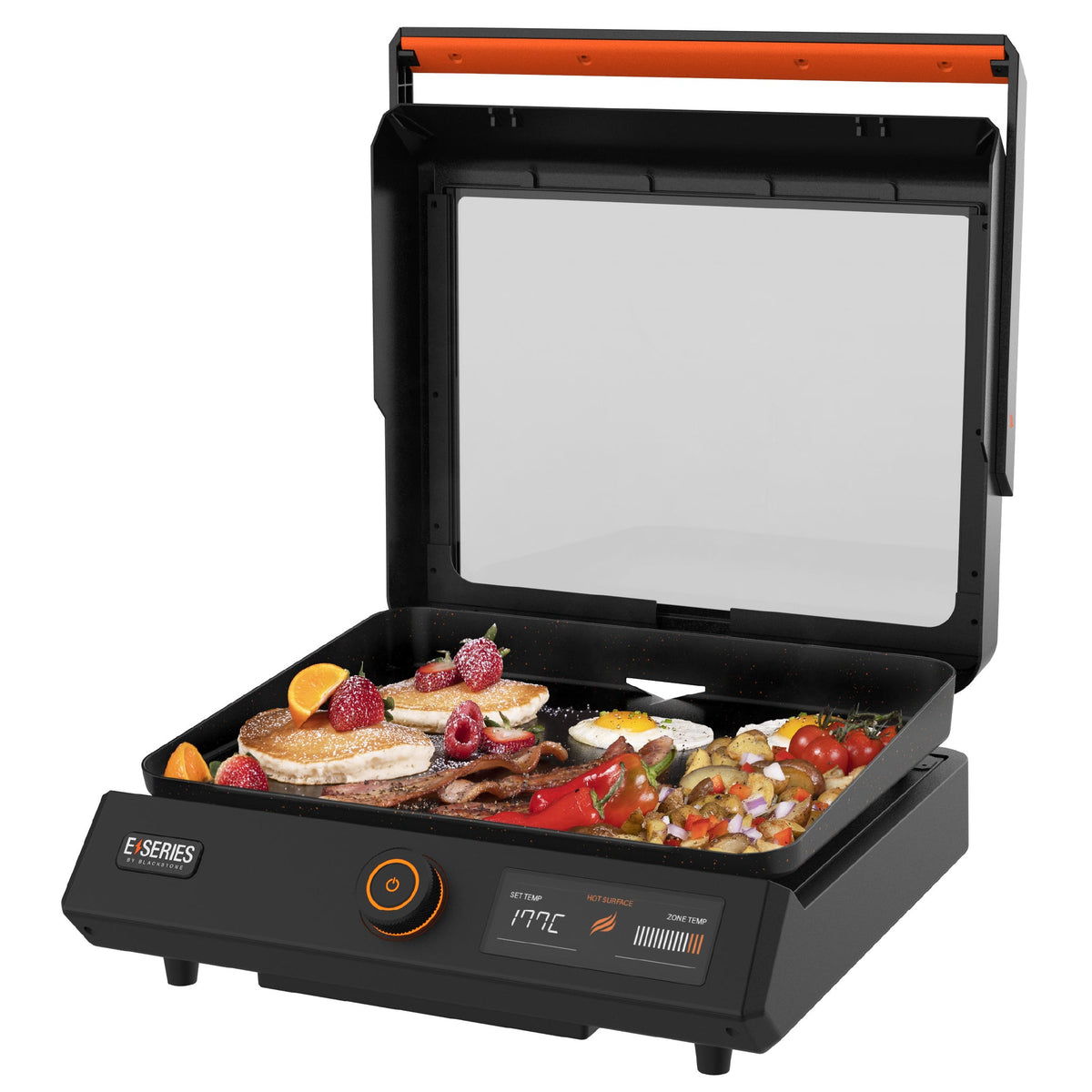 Blackstone E-Series 17" Electric Tabletop Griddle with Hood - Black - front view, hood open