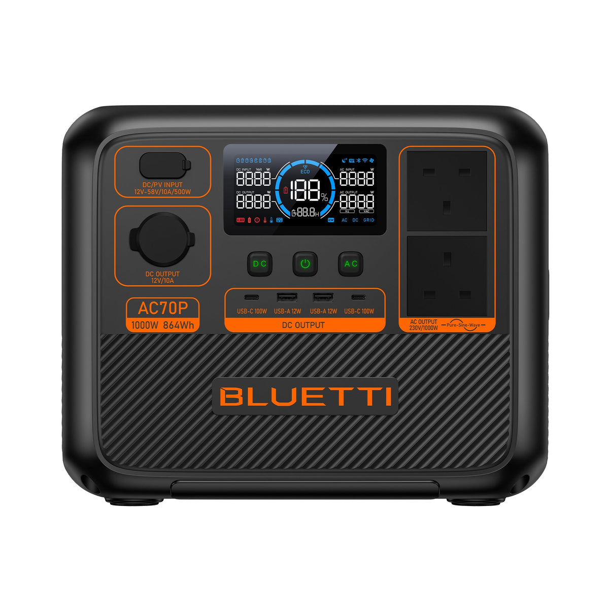 BLUETTI AC70P 864Wh 1,000W Portable Power Station - front view