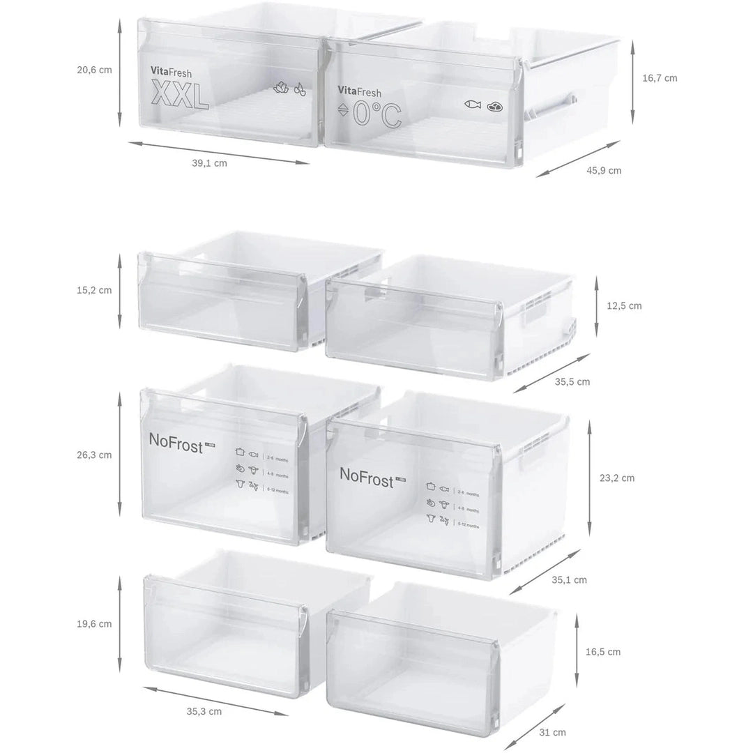 Bosch XXL KFN96VPEAG 4 door fridge freezer drawer dimensions diagram