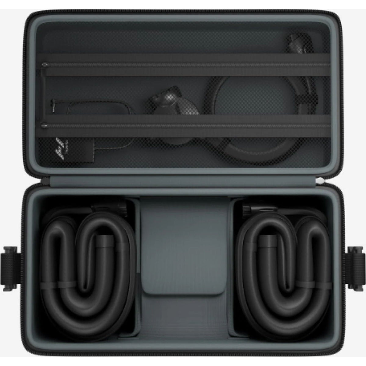Hyperice Normatec Carry Case, black, open interior hose compartments (empty)