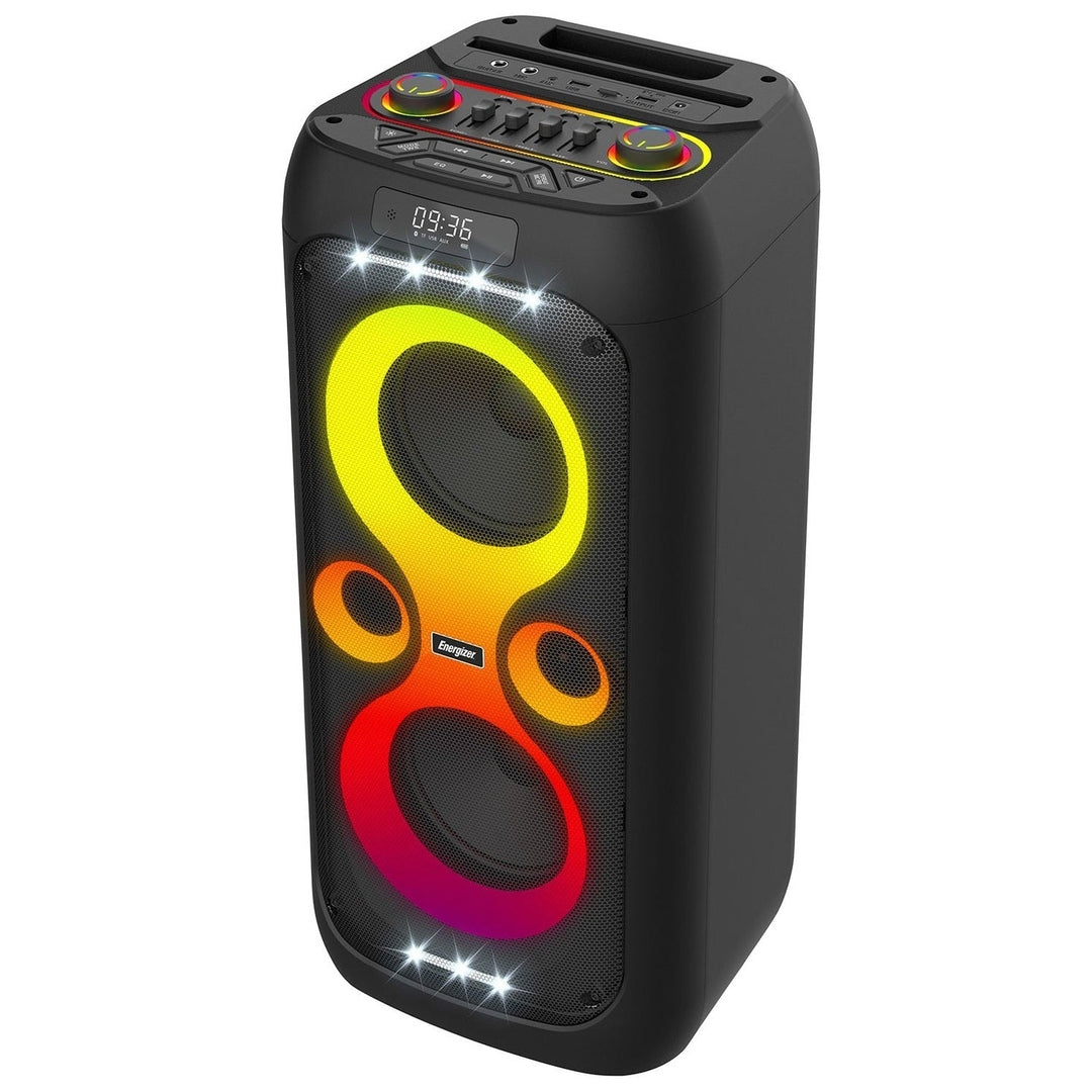Energizer BTS566BK Bluetooth party speaker, front view with lit display