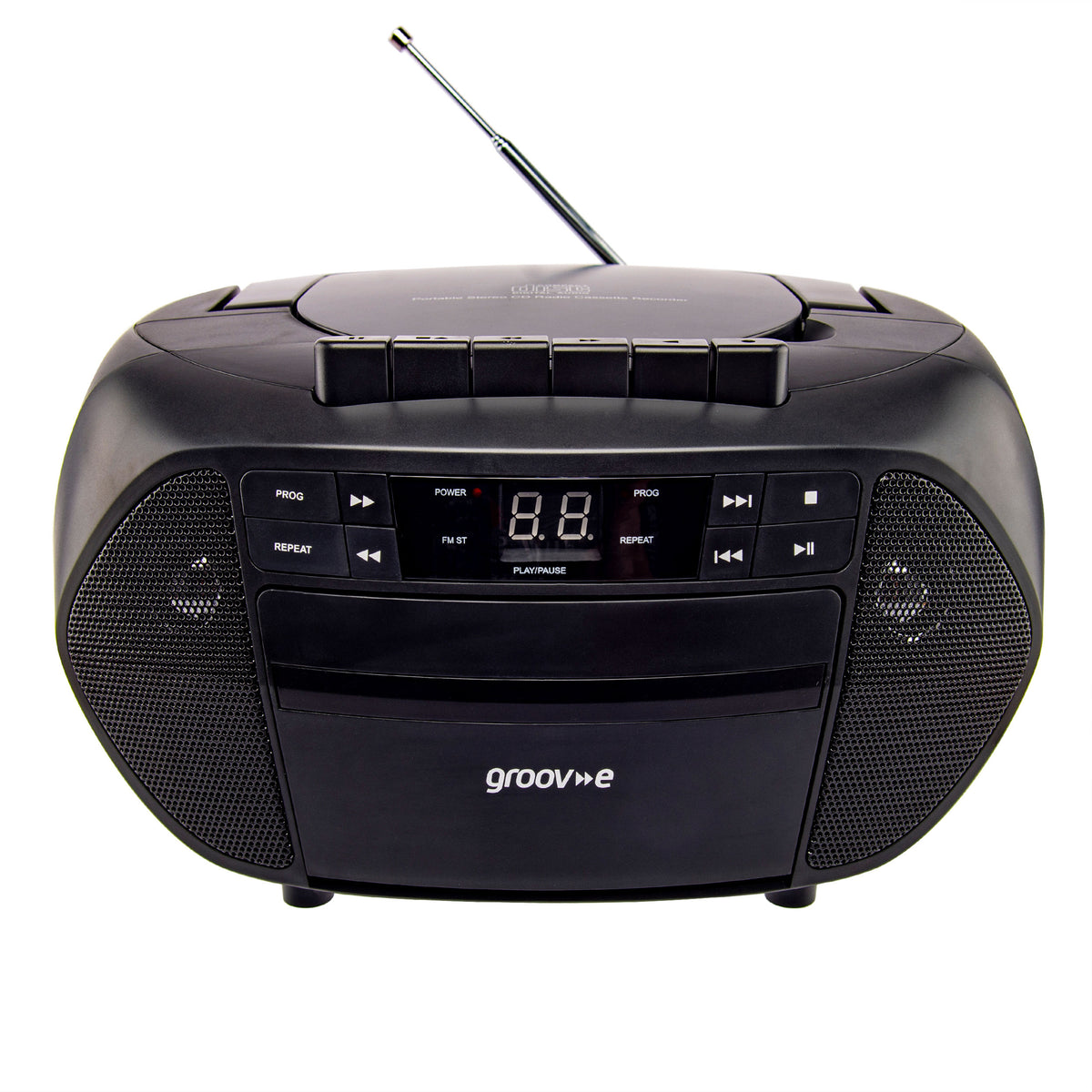 Groov-e Traditional Boombox CD Cassette and FM Radio Black - official product image