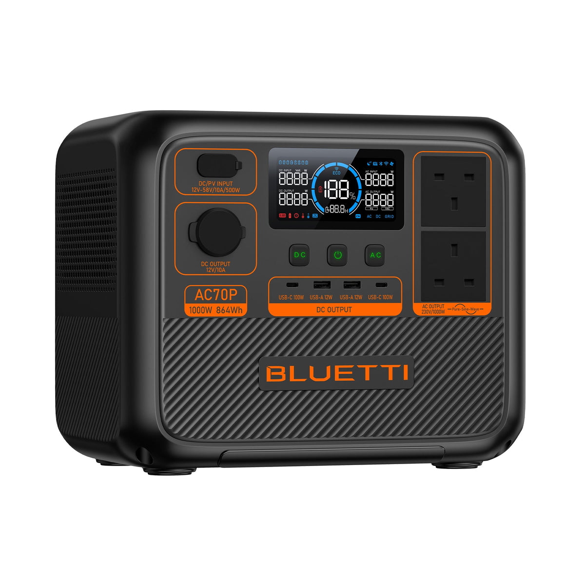 BLUETTI AC70P 864Wh 1,000W Portable Power Station - angled view