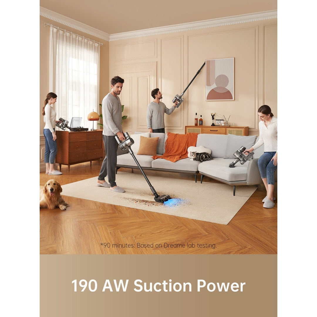 Dreame R20 VTV97A cordless stick vacuum in use in a living room, 190 AW suction
