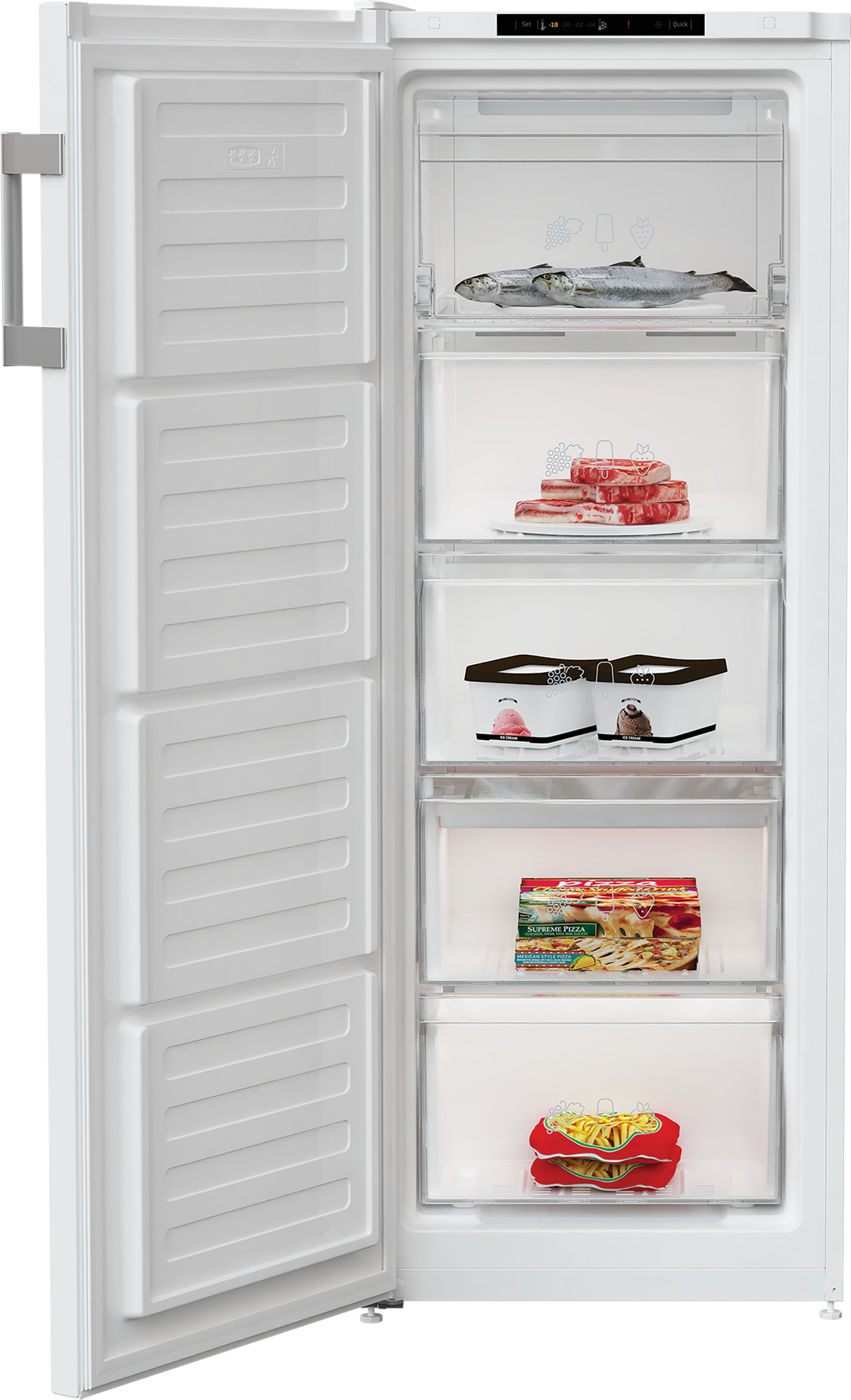 Blomberg 54cm Tall Frost Free Freezer 177L with Food Protector - White - door open with food in the drawers