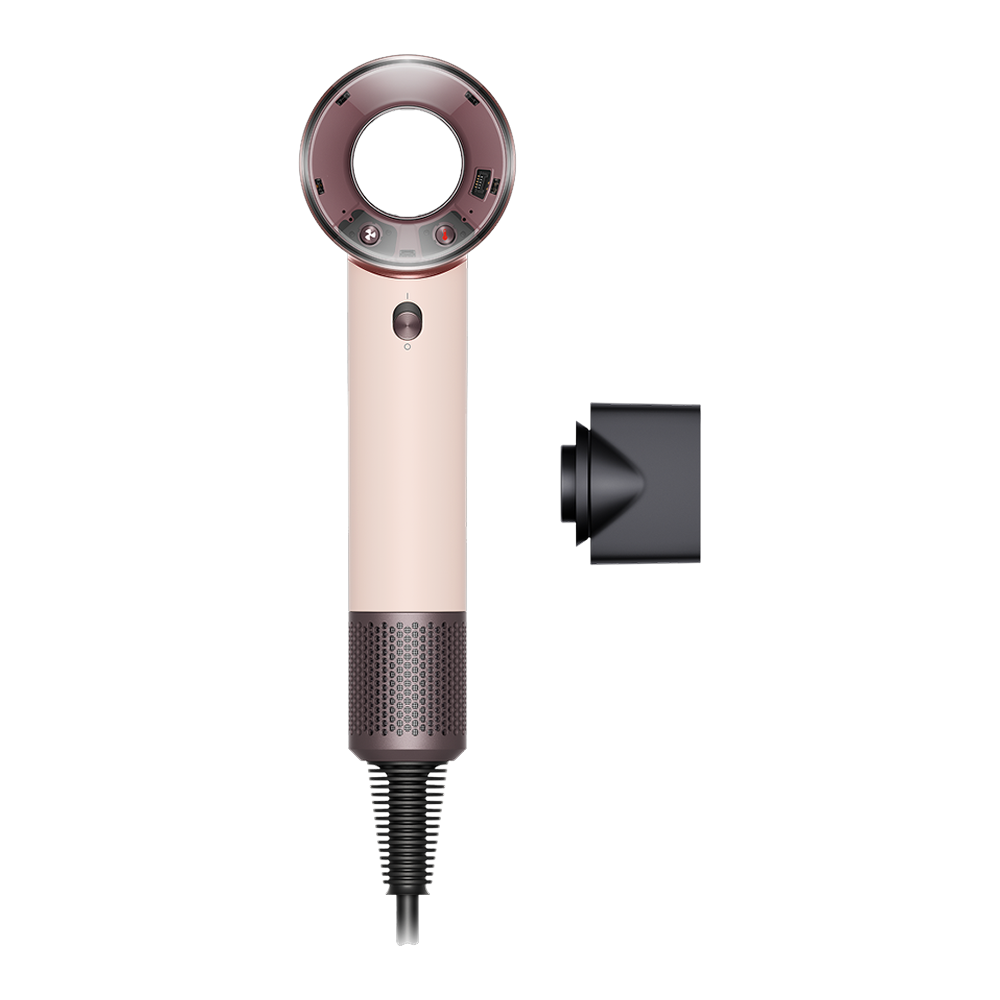 Dyson Supersonic Travel Hair Dryer - Ceramic Pink/Rose Gold - front view with Smoothing nozzle