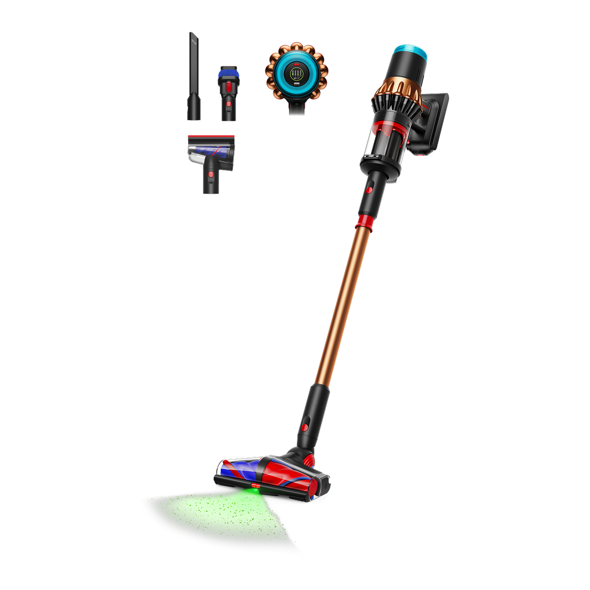 Dyson V16 Piston Animal Cordless Vacuum Cleaner - Black/Copper - front view with tools
