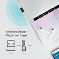 TP-Link Archer T2UB Nano AC600 Nano Dual Band Wi-Fi Bluetooth 4.2 USB Adapter — in-context dimension photo on laptop with earbuds