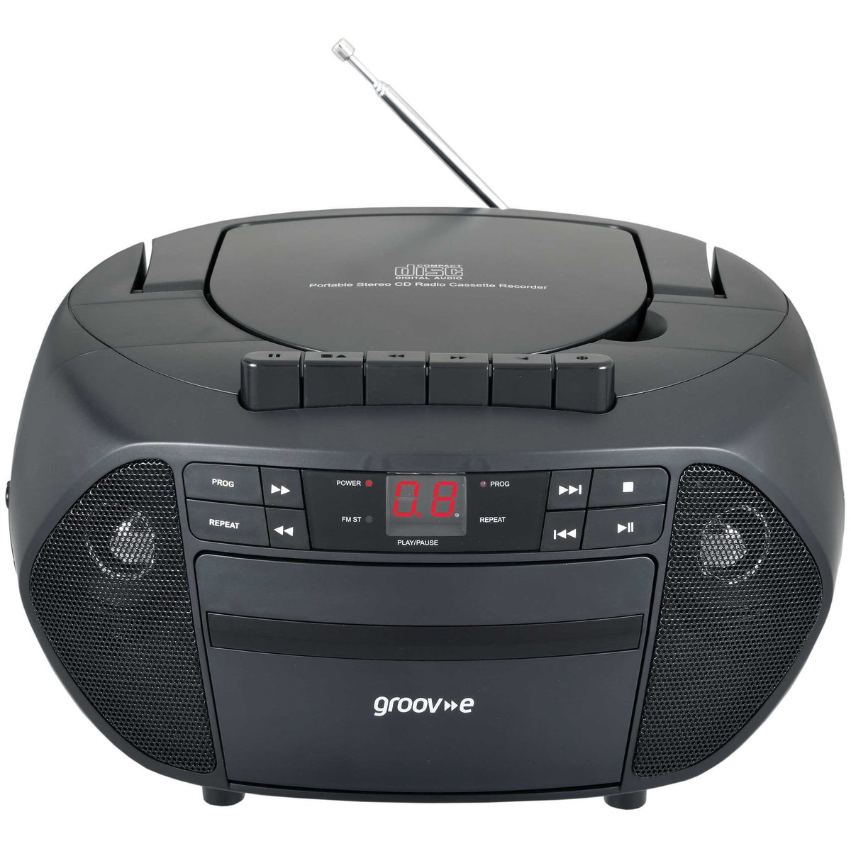 Groov-e Traditional Boombox CD Cassette and FM Radio Black - official product image