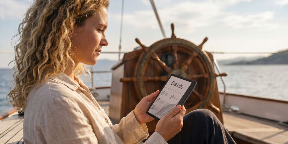 PocketBook Era Lite E-Reader - Stone Green - reading on a boat