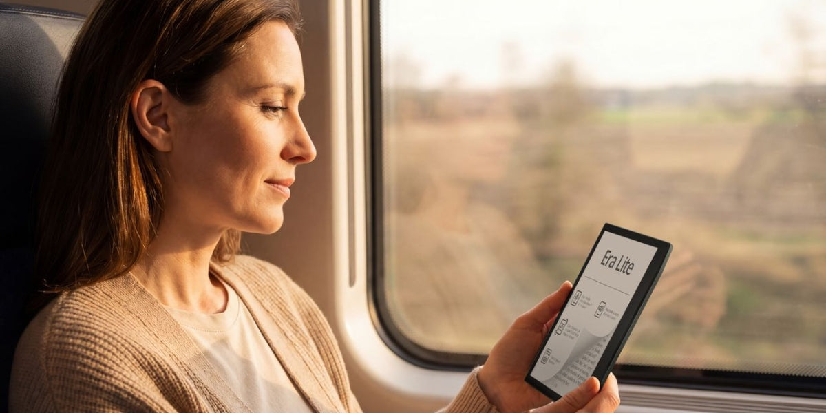 PocketBook Era Lite E-Reader - Stone Green - reading on a train