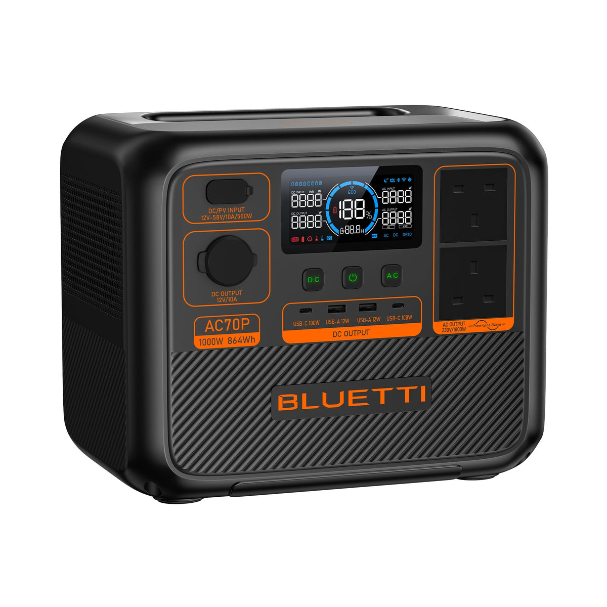 BLUETTI AC70P 864Wh 1,000W Portable Power Station - angled view right
