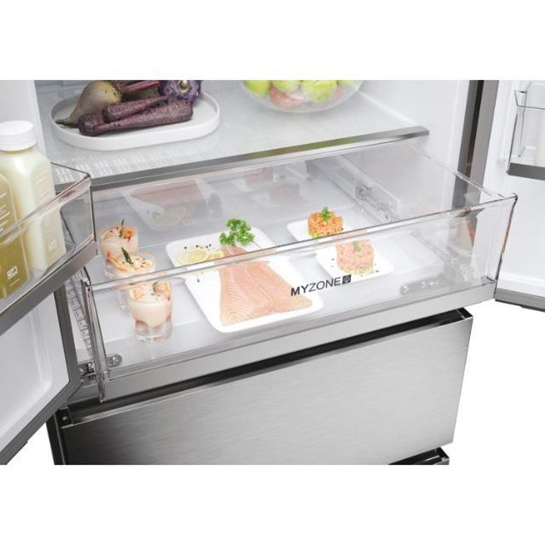 Haier HFR5719EWMP drawer open, showing a tray with fish and food