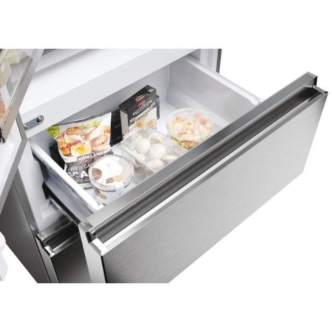 Haier HFR5719EWMP freezer drawer open, holding packaged food