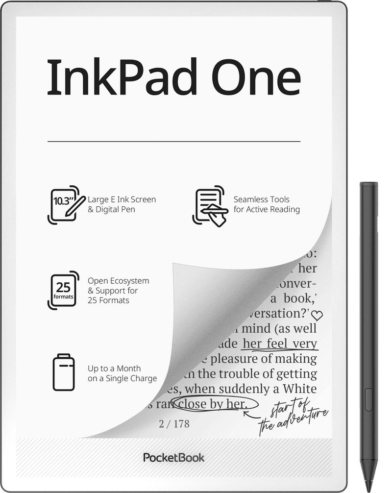 PocketBook InkPad One E-Reader - Matte Black - front view with stylus