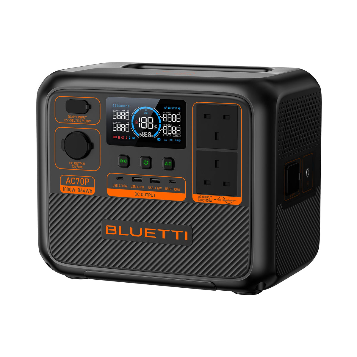 BLUETTI AC70P 864Wh 1,000W Portable Power Station - angled view