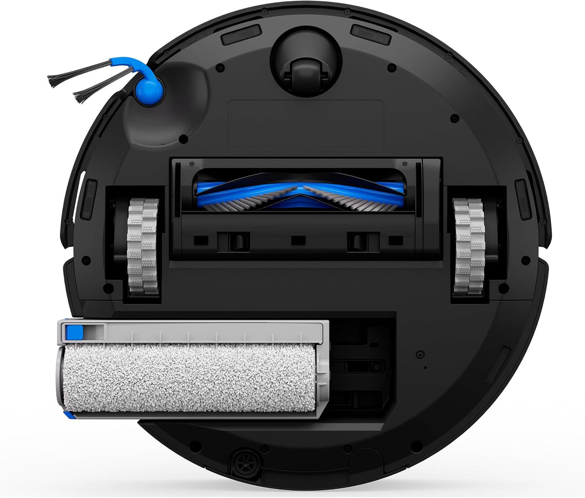Ecovacs DEEBOT T80 OMNI - Black - underside showing the main brush, wheels and roller mop