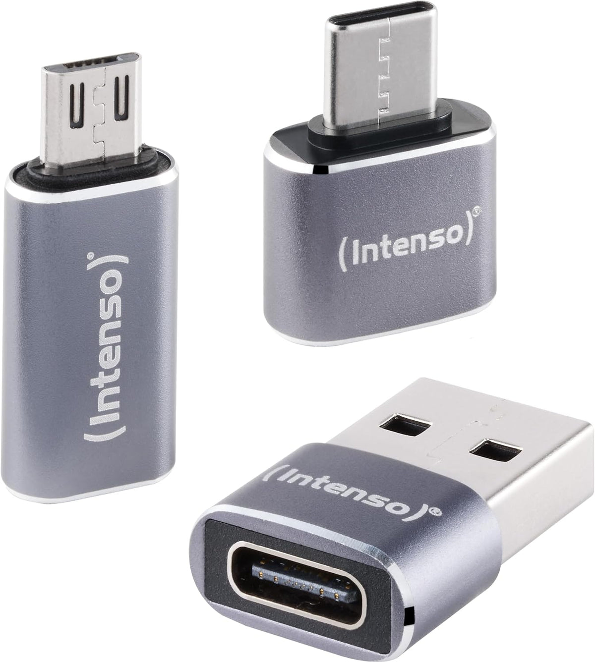 Intenso MIX480 USB Adapter Set, USB-C, USB-A & microUSB, 3 Pack - Grey - front view