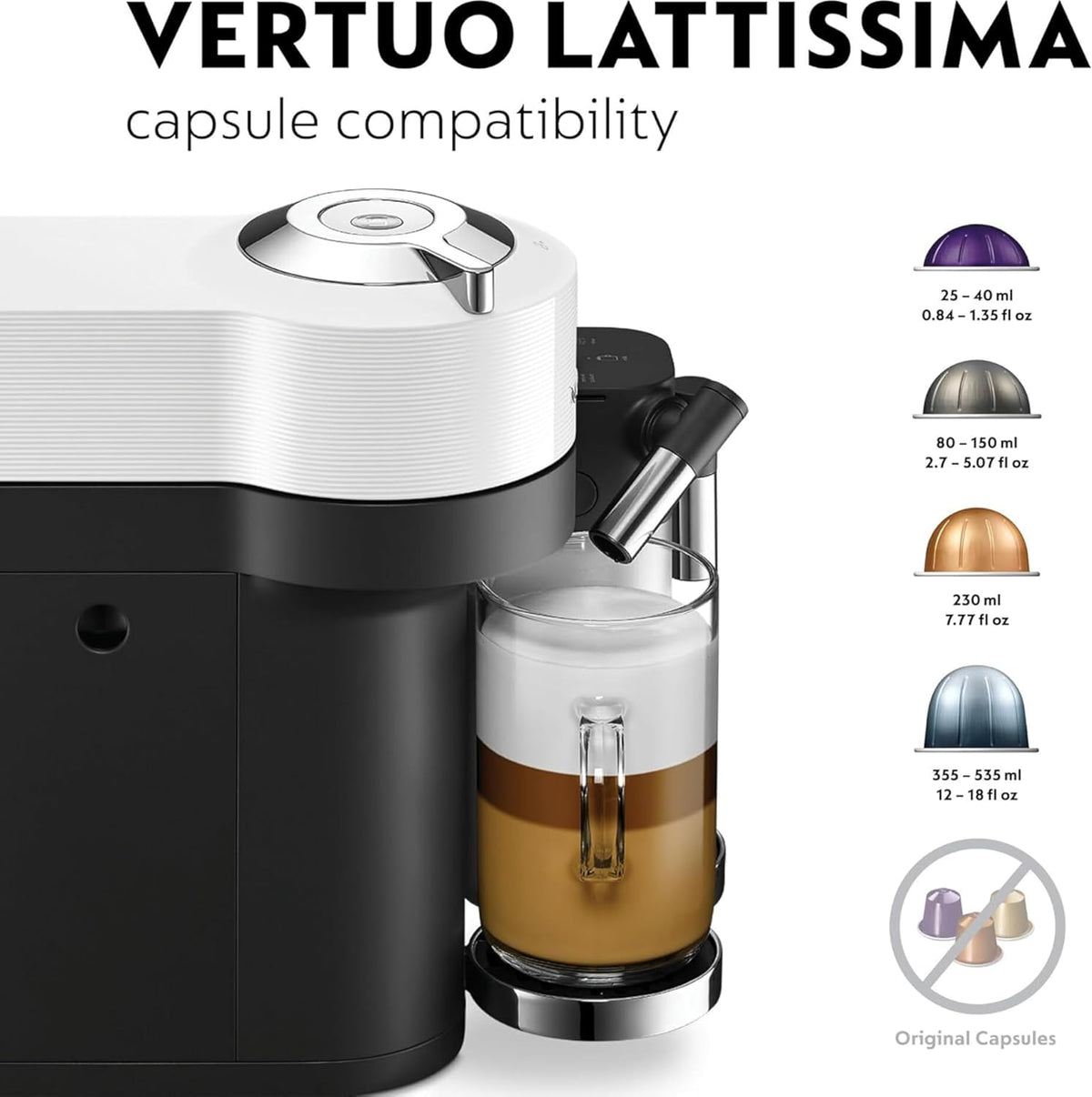 De'Longhi Nespresso Vertuo Lattissima ENV300.W, side view with capsule compatibility chart