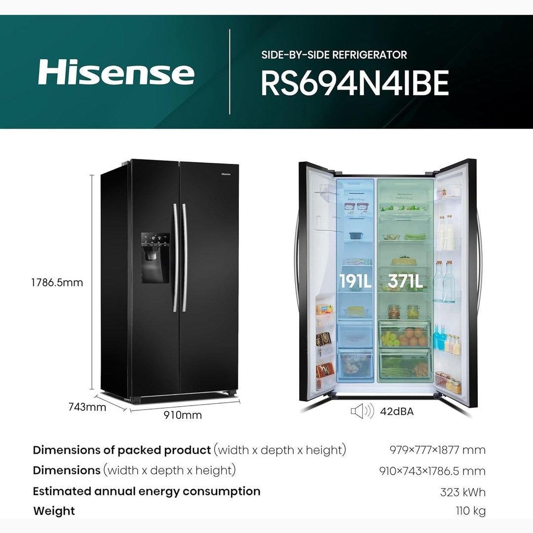 Hisense Freestanding Side by Side Fridge Freezer | RS694N4IBE Hisense American Fridge Freezer Euronics Ireland