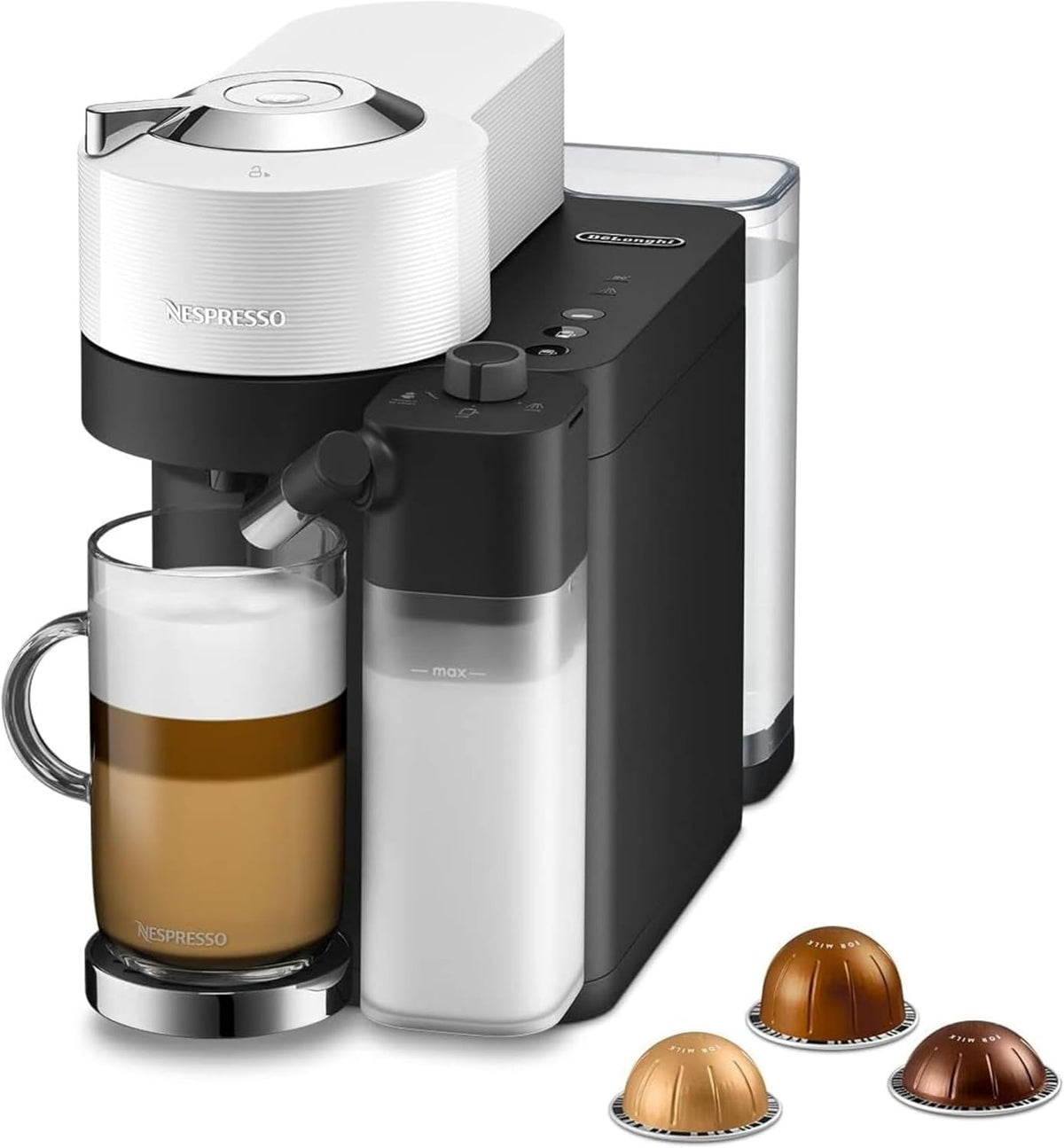 De'Longhi Nespresso Vertuo Lattissima ENV300.W machine in white, with a latte and capsules