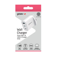 Groov-e 65W 3-Port GaN Wall Charger White - official product image