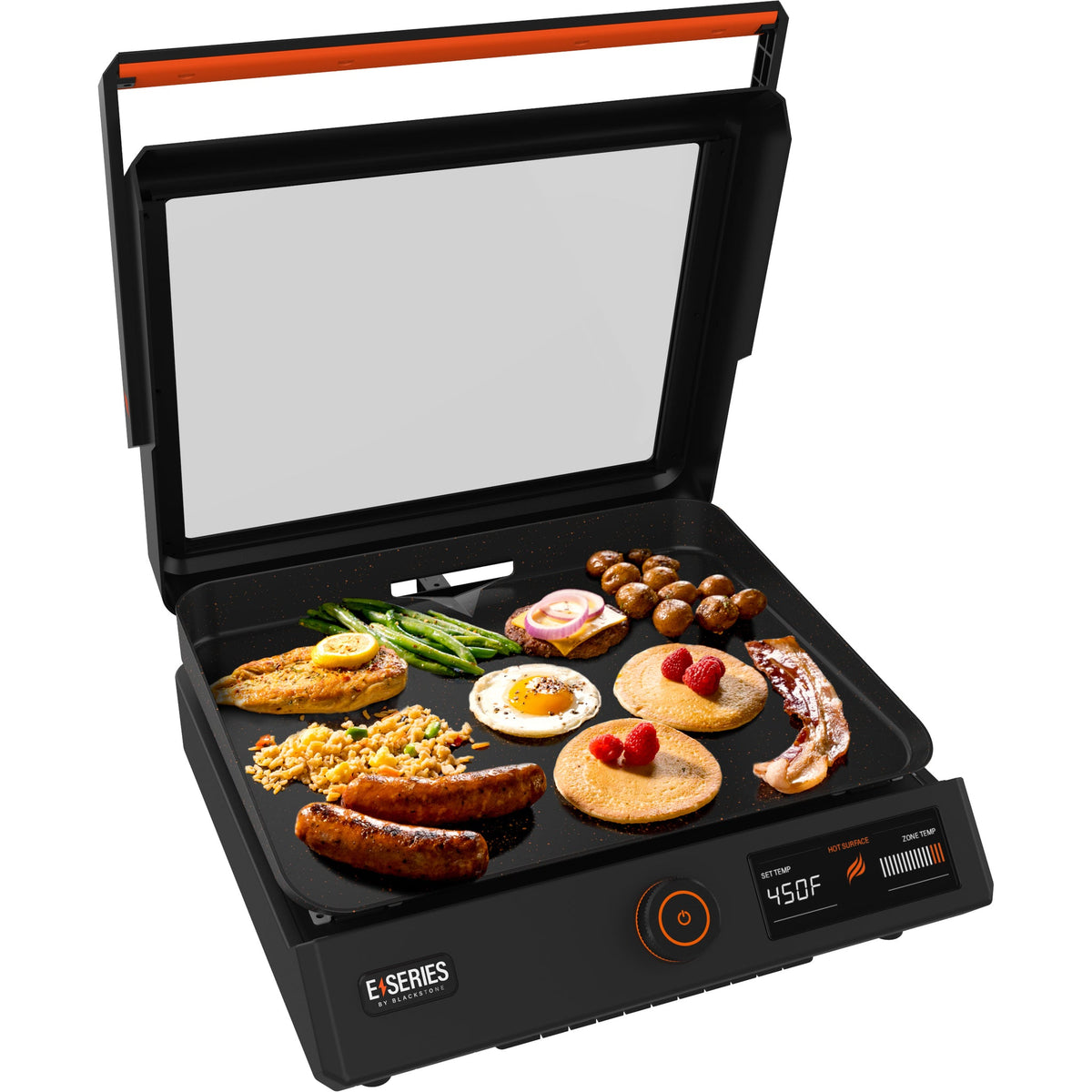 Blackstone E-Series 17" Electric Tabletop Griddle with Hood - Black - cooking on the griddle