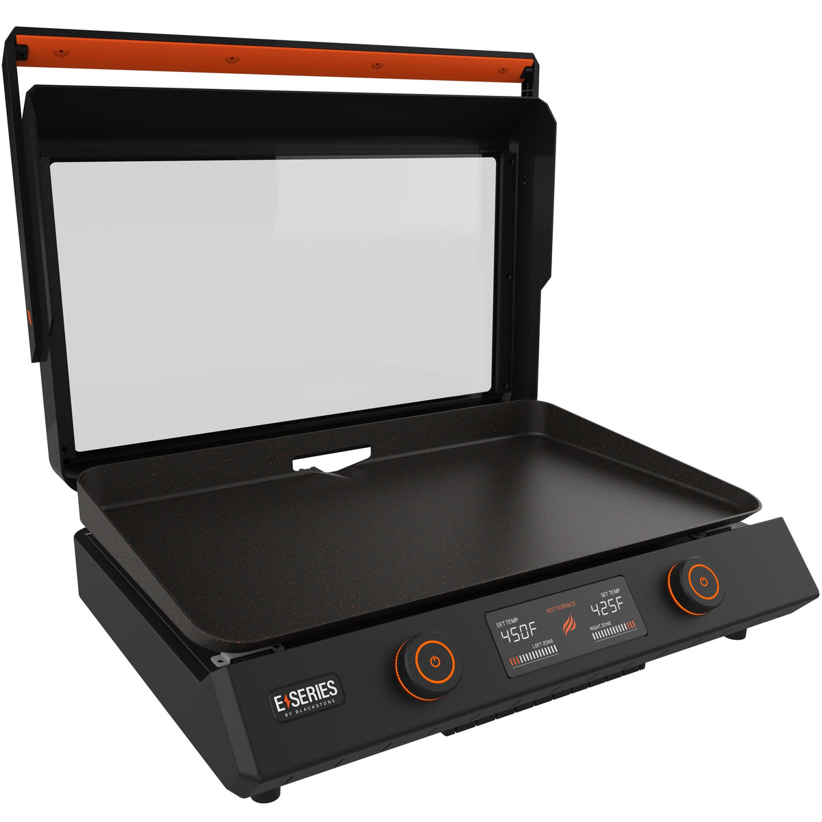 Blackstone E-Series 22" Electric Tabletop Griddle with Hood - Black - front view, hood open