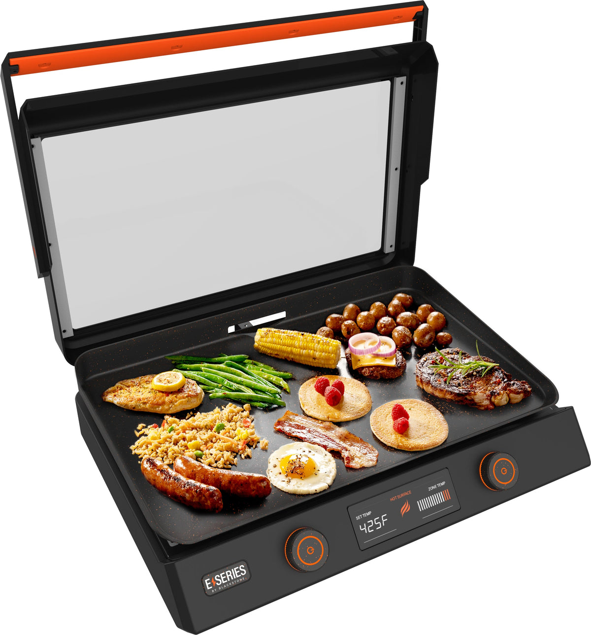 Blackstone E-Series 22" Electric Tabletop Griddle with Hood - Black - cooking on the griddle