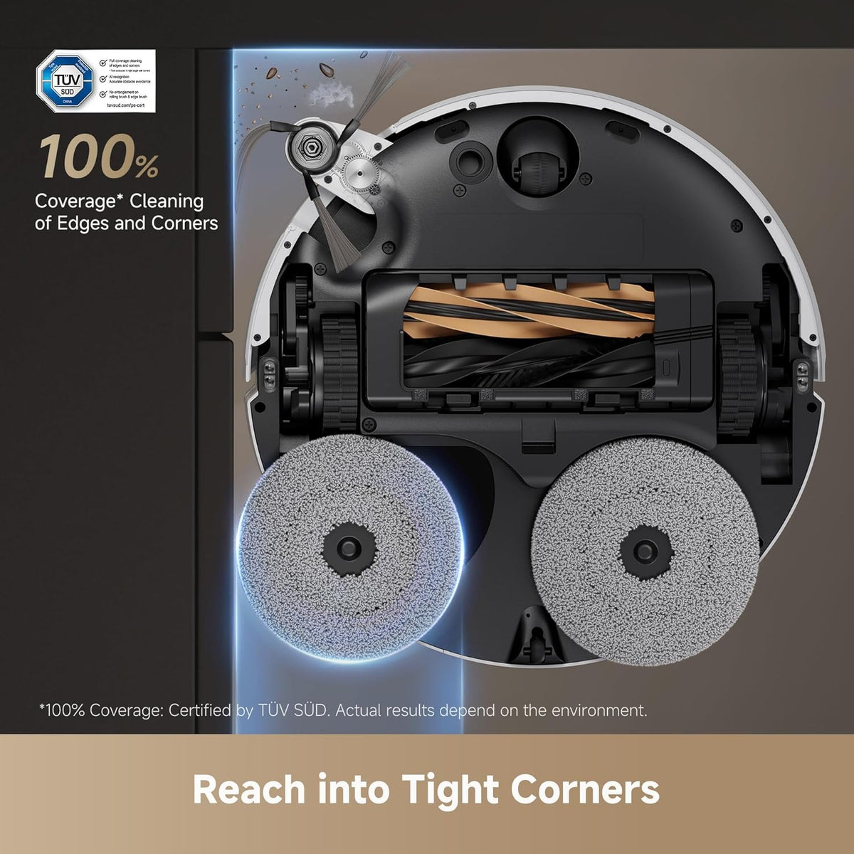 Dreame X50 Ultra Complete - White - underside with brush and mop pads for corner cleaning