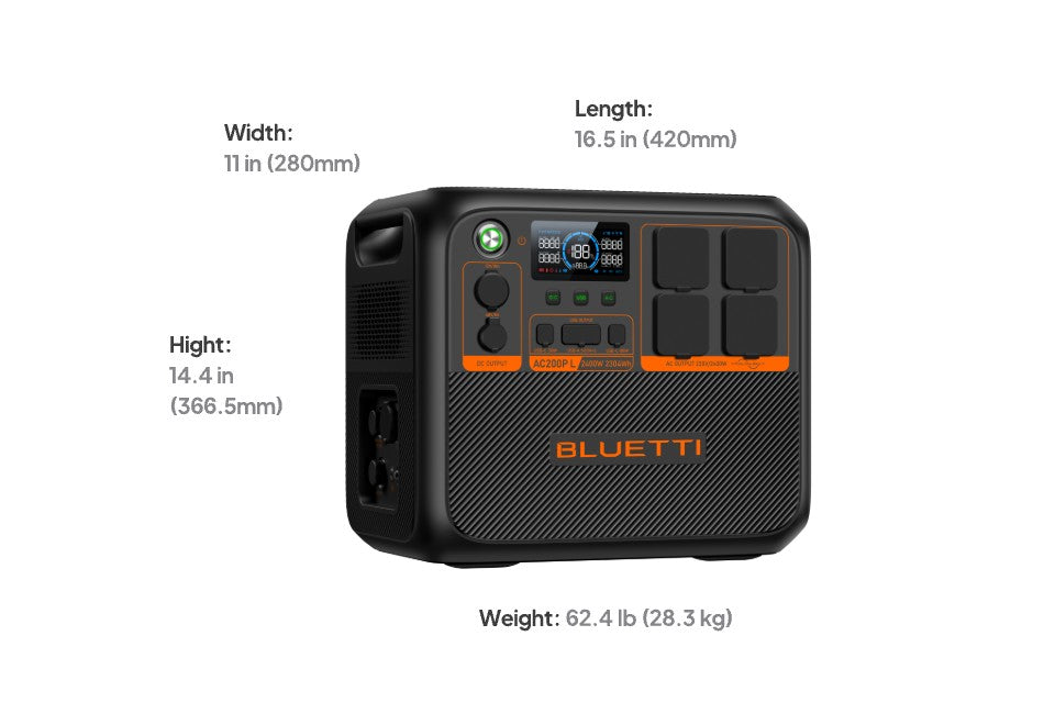 BLUETTI AC200PL 2,304Wh 2,400W Expandable Power Station - dimensions