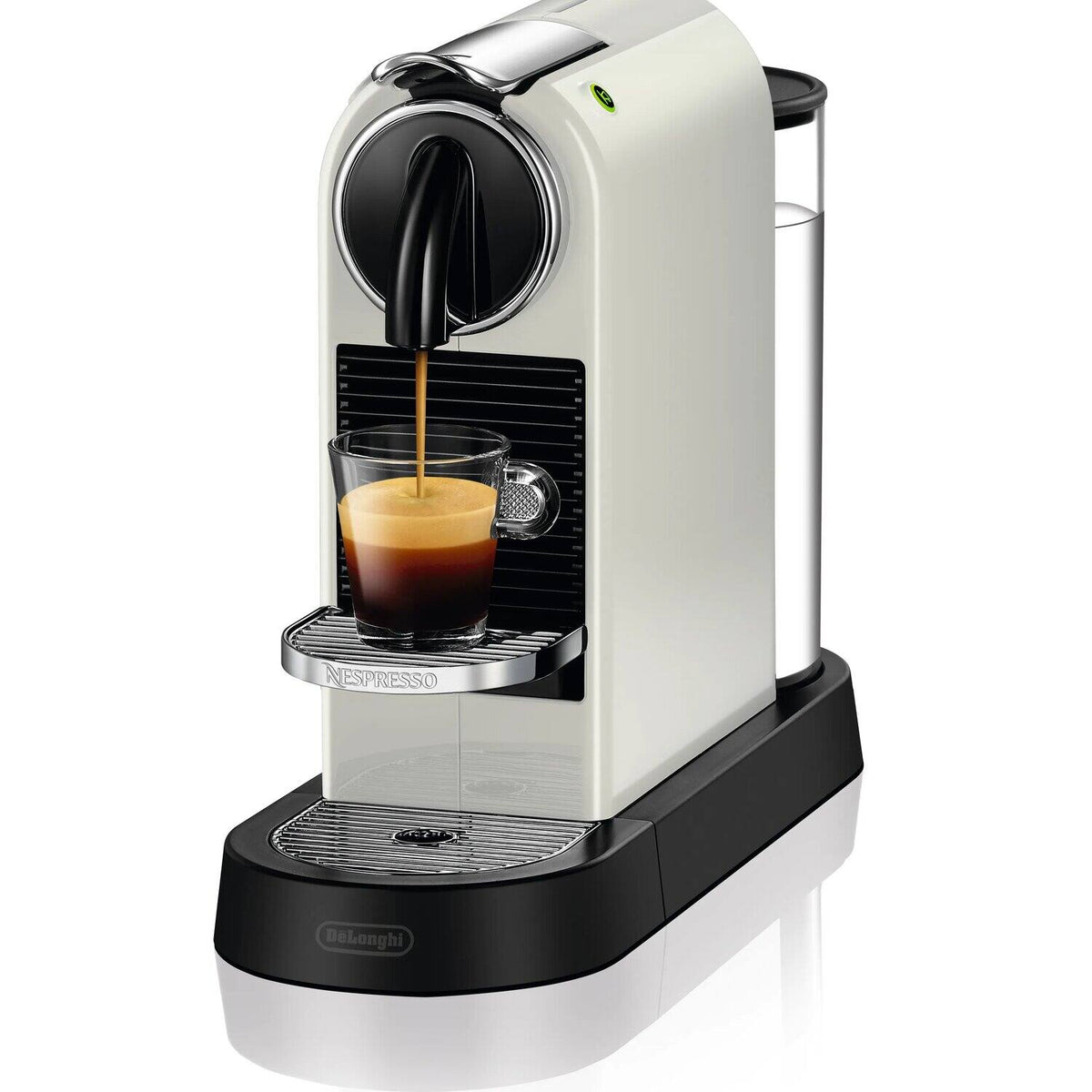 De'Longhi Citiz Espresso Machine - White - three-quarter view with espresso