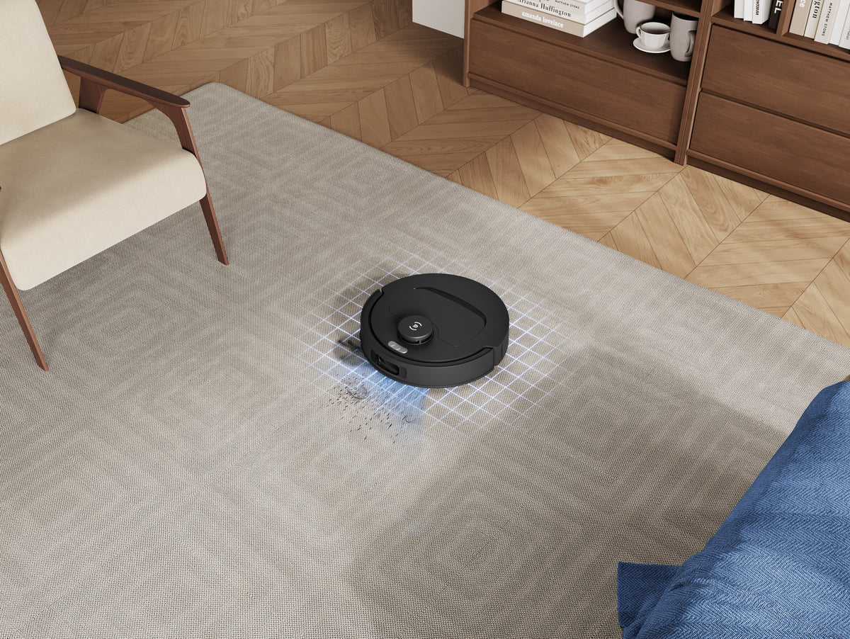 Ecovacs DEEBOT T30e OMNI Robot Vacuum and Mop - Black - cleaning a carpet