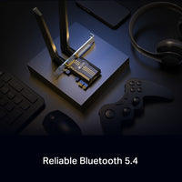 TP-Link Archer TBE400E BE6500 Tri-Band Wi-Fi 7 Bluetooth PCI Express Adapter — staged product shot highlighting Bluetooth 5.4