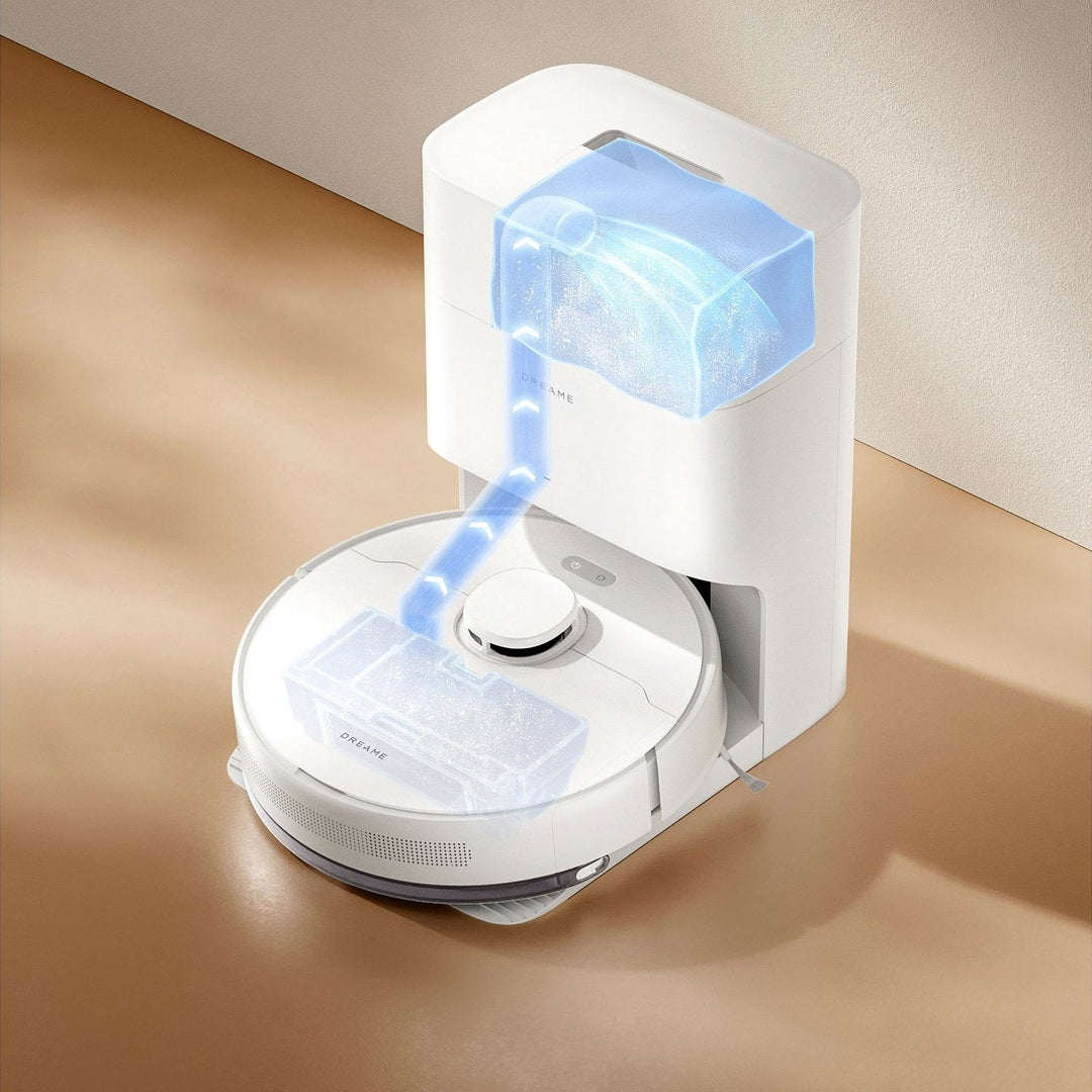Dreame D10 Plus Gen 2 RLD32GD robot vacuum emptying into its station, graphic