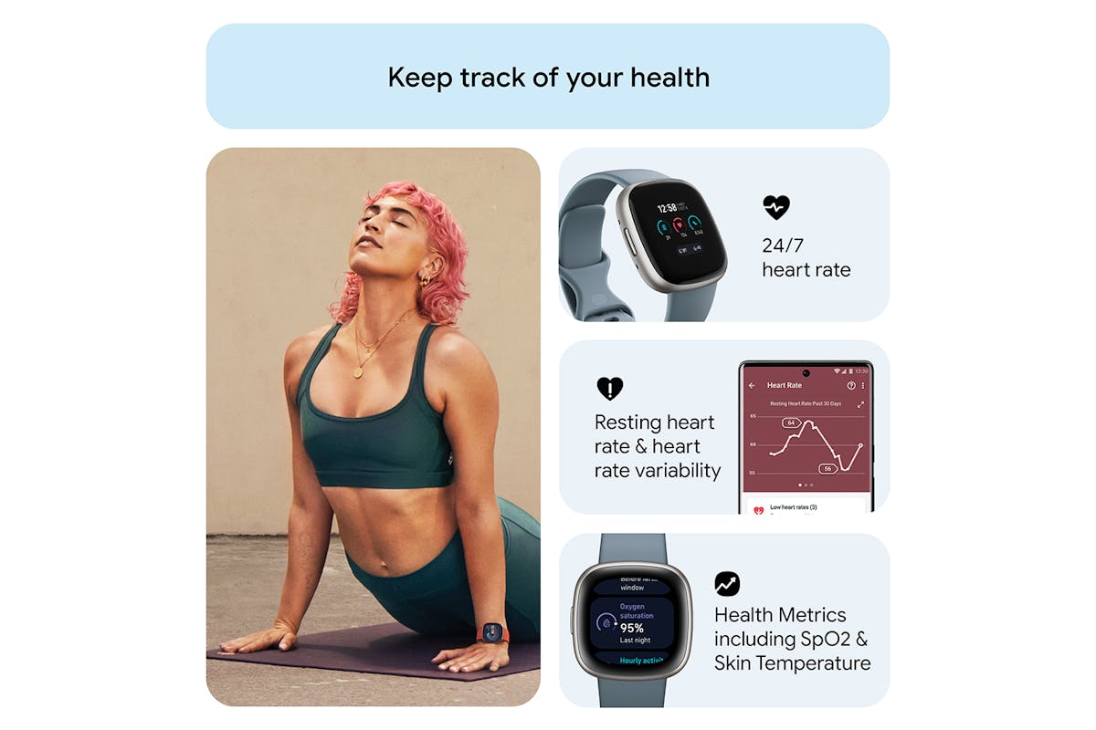Fitbit Versa 4 - Fitness Smartwatch with GPS, NFC Payments & 40+ Exercise Modes - Waterfall Blue/Platinum | 79-FB523SRAG