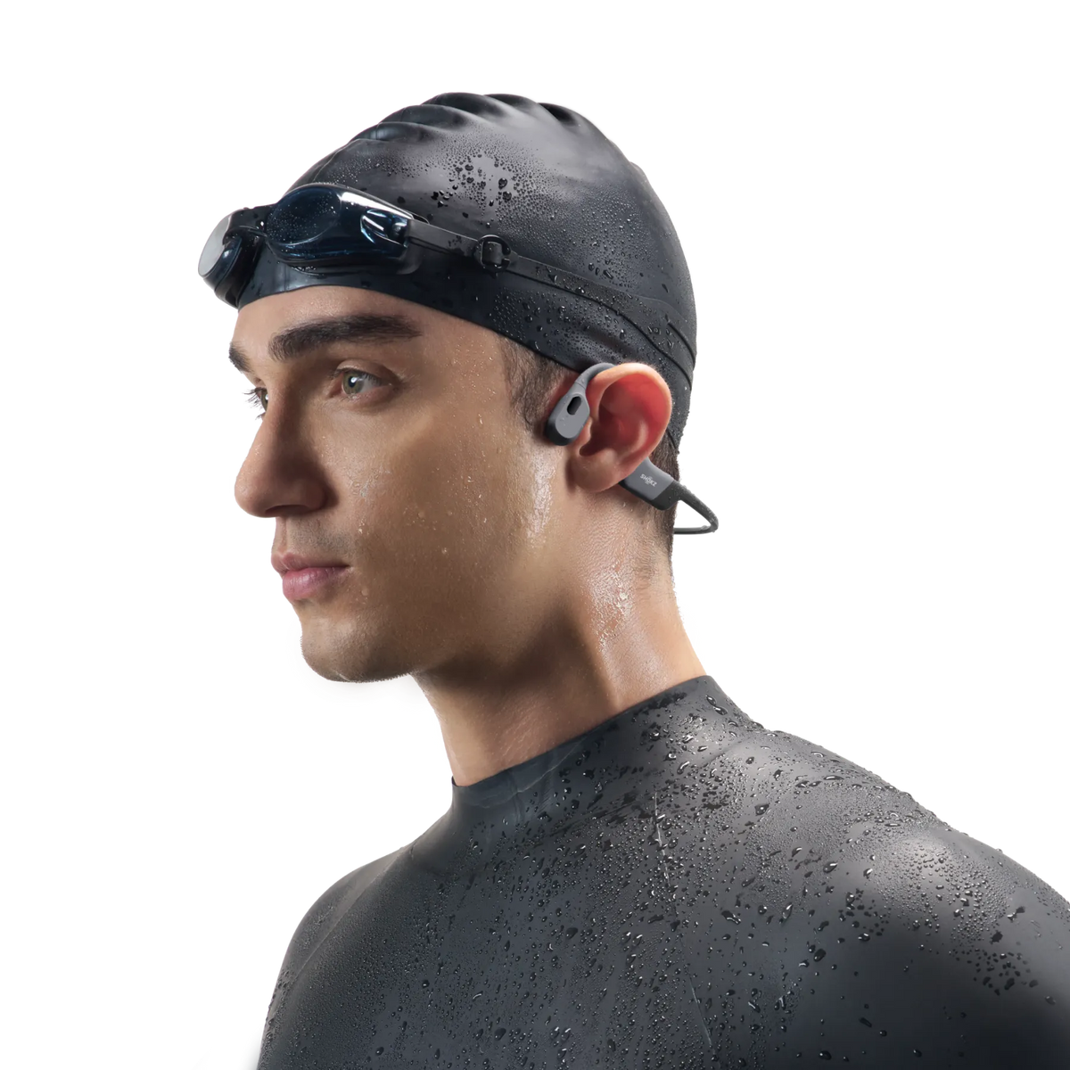Shokz OpenSwim Pro Bone Conduction Swimming Headphones - Grey - swimmer with cap and goggles