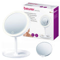 Beurer BS 45 Illuminated Cosmetics Mirror retail packaging box, matte white with magnetic mini mirror