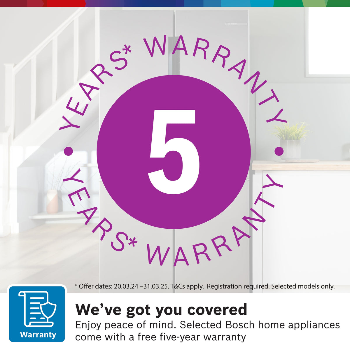 Bosch XXL KFN96VPEAG 4 door fridge freezer five year warranty graphic